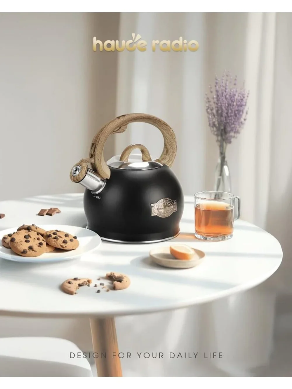 Black Whistling Tea kettle 2.1 Quart Stainless Steel Stovetop with Wood Handle